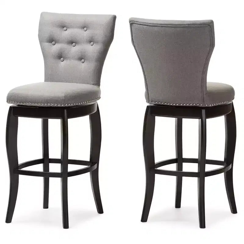 Baxton Studio Sgabello da Bar Girevole Leonice Imbottito in Tessuto con Bottoni, 29", Grigio: Struttura in Legno di Gomma, Rivestimento in Poliestere