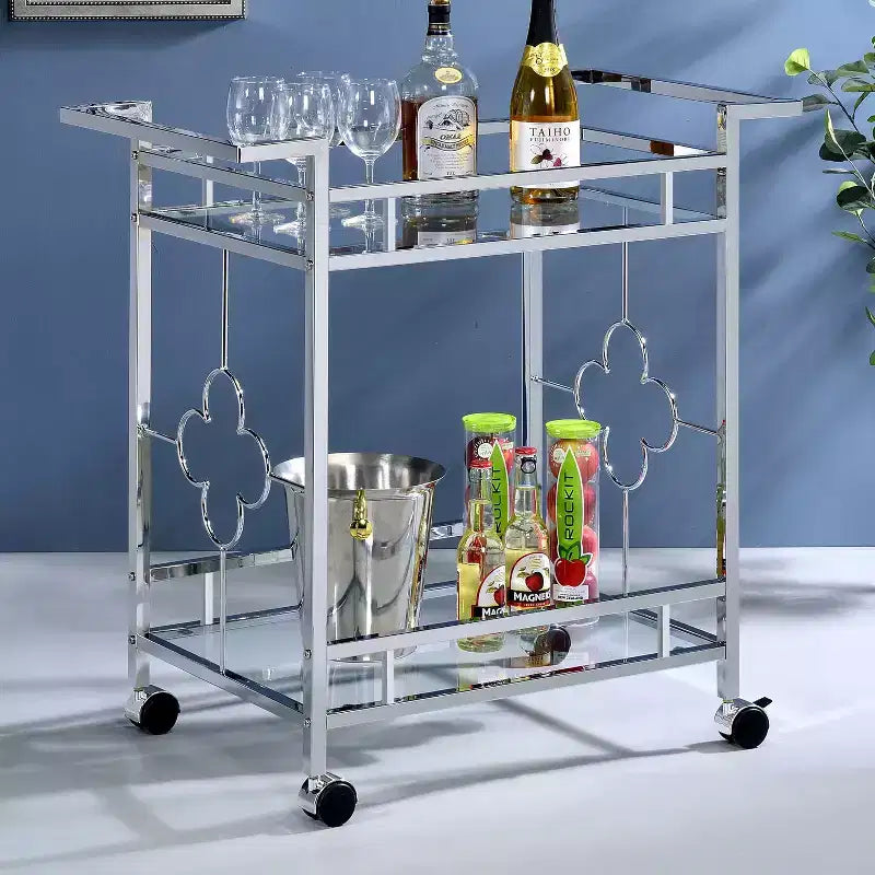 Carrello da portata Shop At Home Buncrana Glass Top 24/7 in cromo: motivo a quadrifoglio contemporaneo, ripiani in vetro temperato