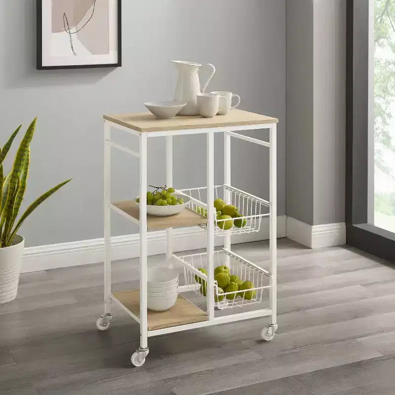 Carrello da cucina piccolo mobile Tamarind in metallo bianco: piano in MDF, 2 cestelli, rotelle bloccabili - Linon