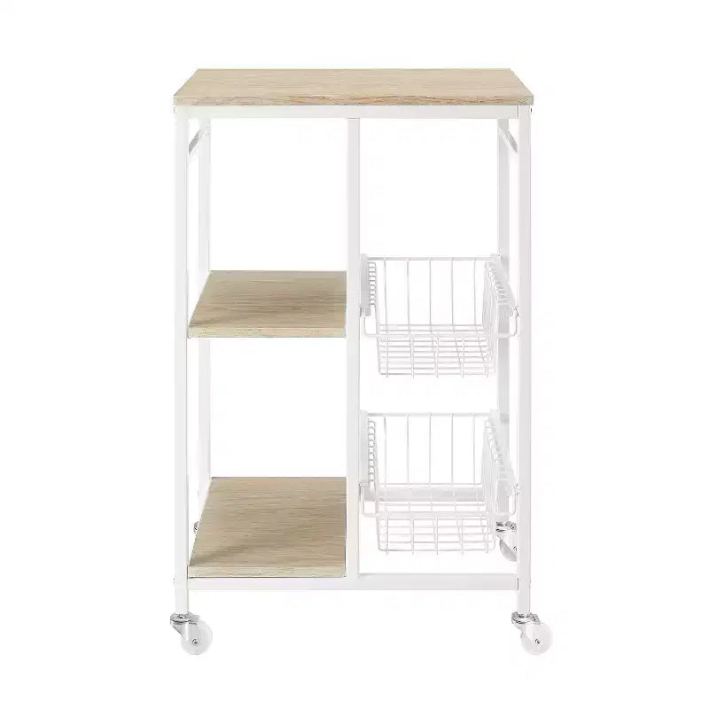 Carrello da cucina piccolo mobile Tamarind in metallo bianco: piano in MDF, 2 cestelli, rotelle bloccabili - Linon