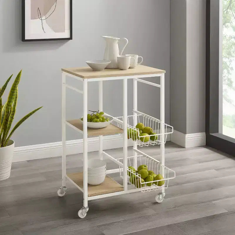 Carrello da cucina piccolo mobile Tamarind in metallo bianco: piano in MDF, 2 cestelli, rotelle bloccabili - Linon
