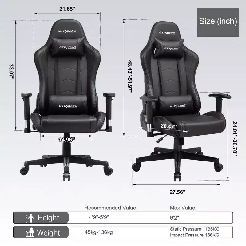 GTRACING Gaming Chair with Bluetooth Speakers High Back PU Office Chair Black
