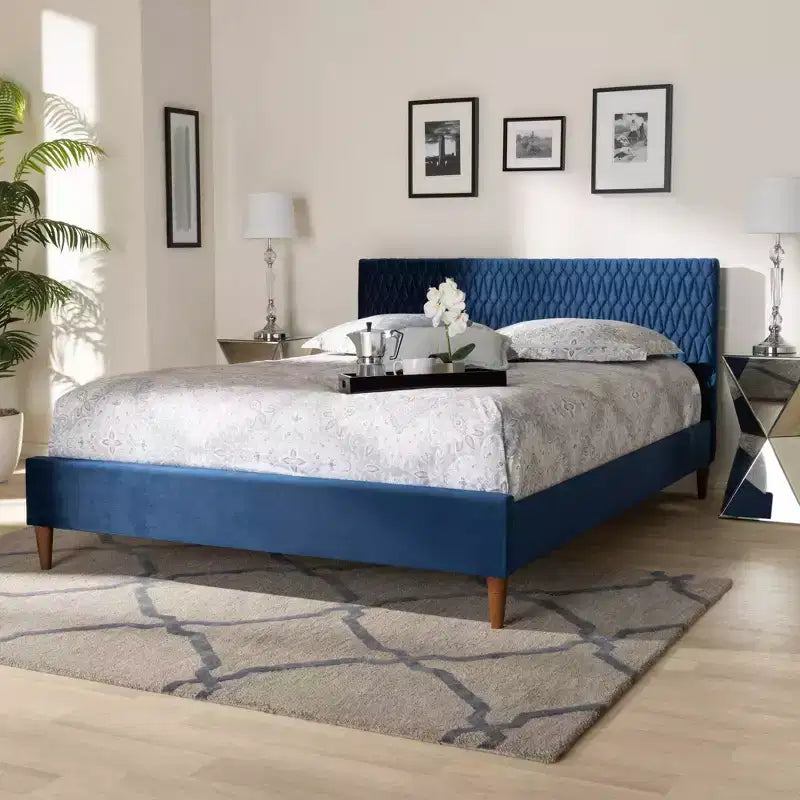 Letto Queen Frida Blu Navy - Baxton Studio: Design Metà Secolo, Gambe Affusolate, Rivestimento in Velluto
