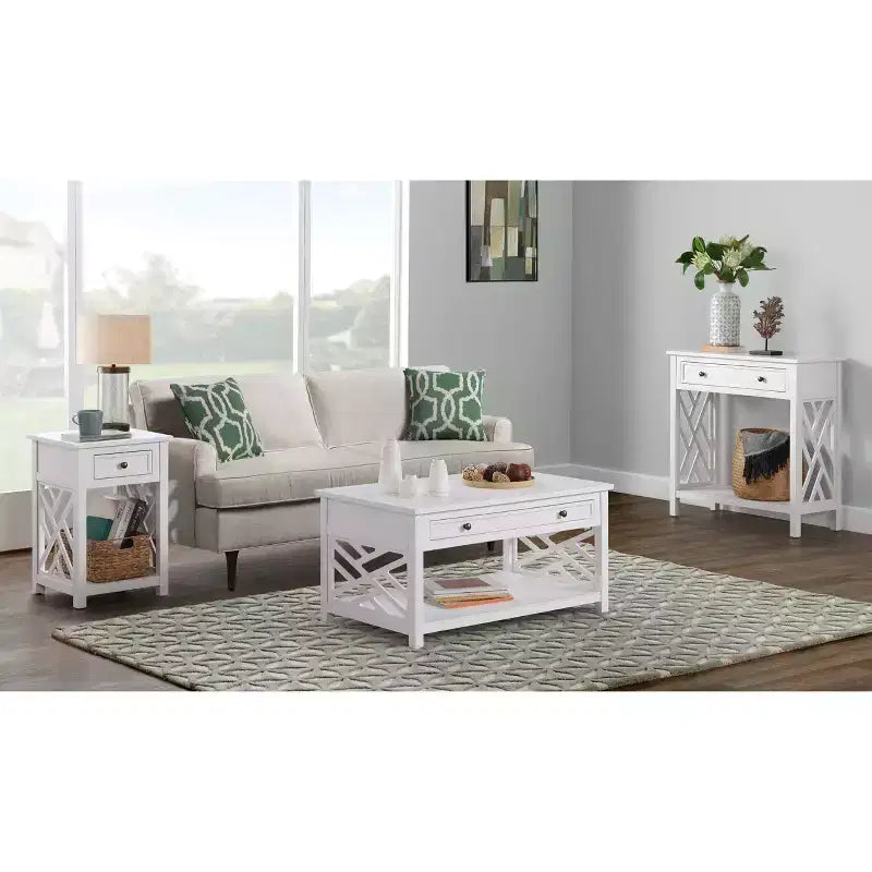 Set 3 pezzi rettangolari di tavolini da caffè, tavolini laterali e consolle da 36" Middlebury con cassetti bianco - Alaterre Furniture