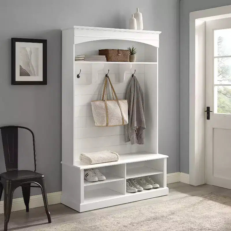 Bartlett Hall Tree Bianco - Crosley: Panca, Scarpiera, 3 Ganci Doppi