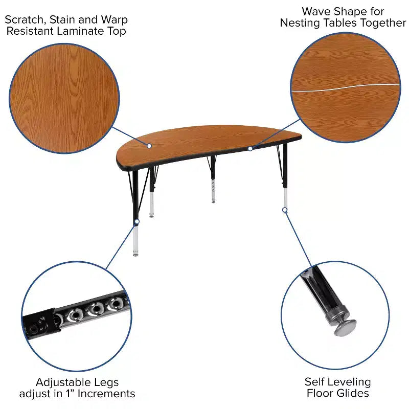 Flash Furniture 47,5 Tavolo Attività a Mezzo Cerchio, Ondulato, Flessibile, Collaborativo, Laminato Termico - Gambe Corte Regolabili in Altezza