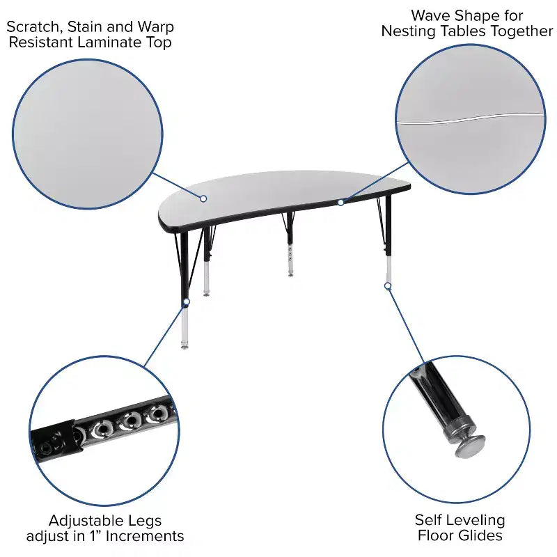 Flash Furniture 47,5 Tavolo Attività a Mezzo Cerchio, Ondulato, Flessibile, Collaborativo, Laminato Termico - Gambe Corte Regolabili in Altezza