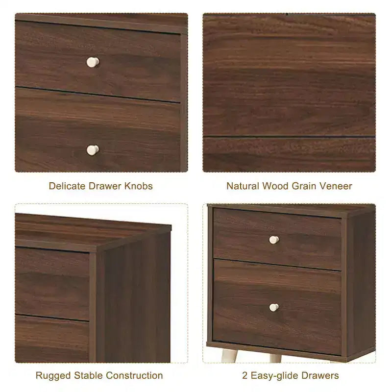 Costway Nightstand 2-Drawer Beside End Side Table w/Rubber Legs