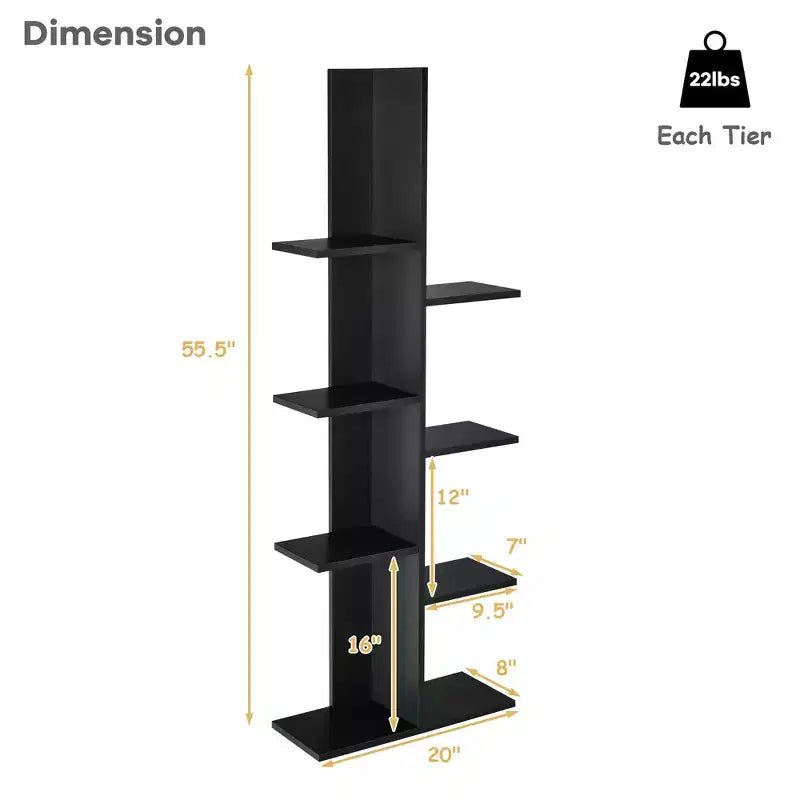 Libreria a 8 Ripiani a Forma di Albero con Scaffali a Terra Costway, Espositore Contenitore Nero\Bianco