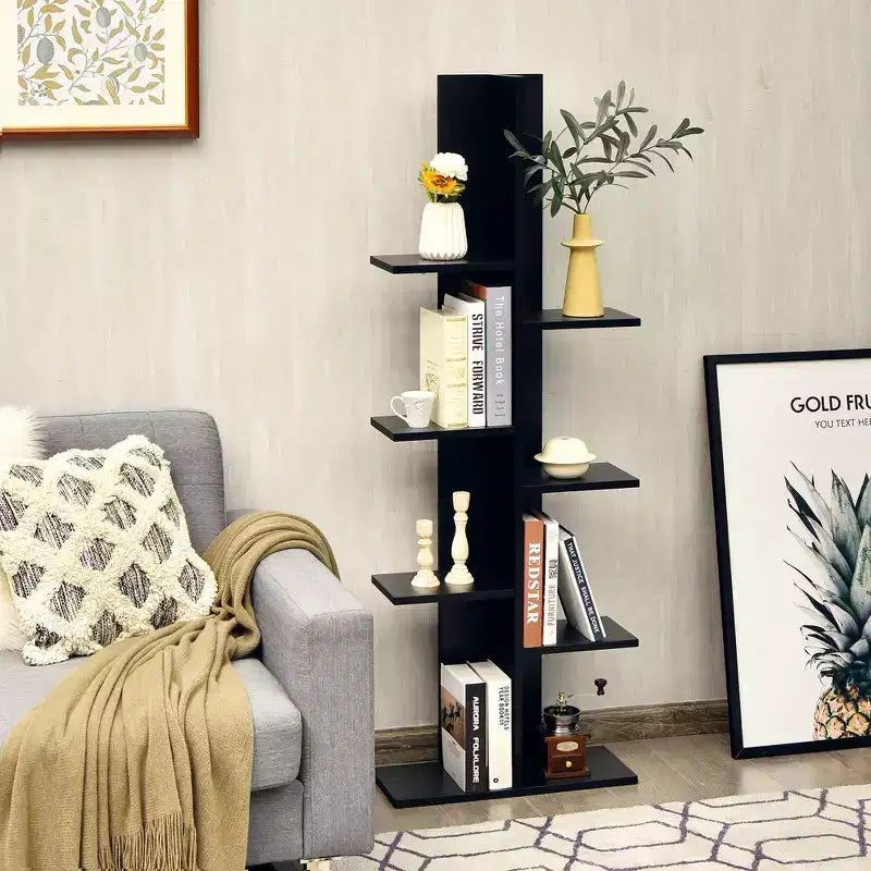 Libreria a 8 Ripiani a Forma di Albero con Scaffali a Terra Costway, Espositore Contenitore Nero\Bianco