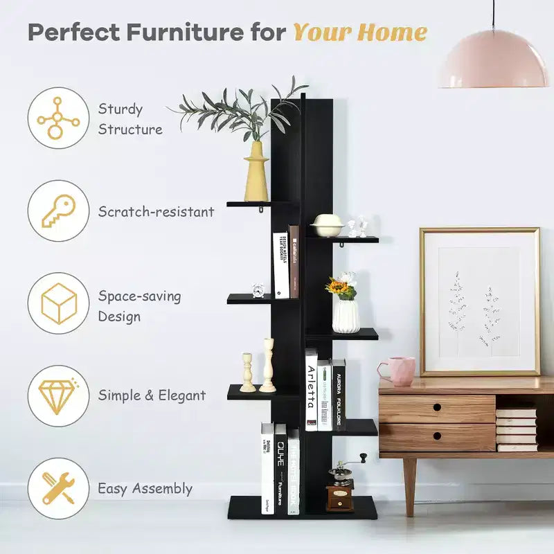 Libreria a 8 Ripiani a Forma di Albero con Scaffali a Terra Costway, Espositore Contenitore Nero\Bianco
