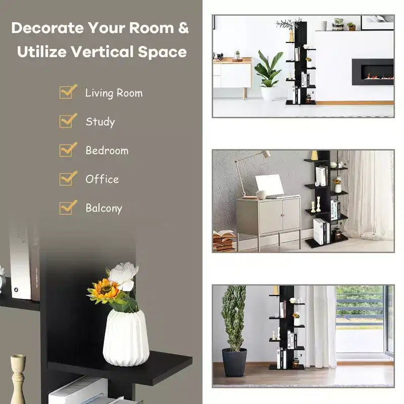 Libreria a 8 Ripiani a Forma di Albero con Scaffali a Terra Costway, Espositore Contenitore Nero\Bianco