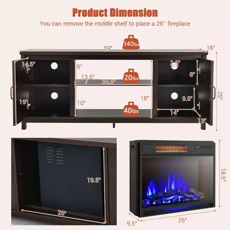 Mobile porta TV caminetto Costway 59'' con caminetto elettrico 1350W da 25'' e telecomando