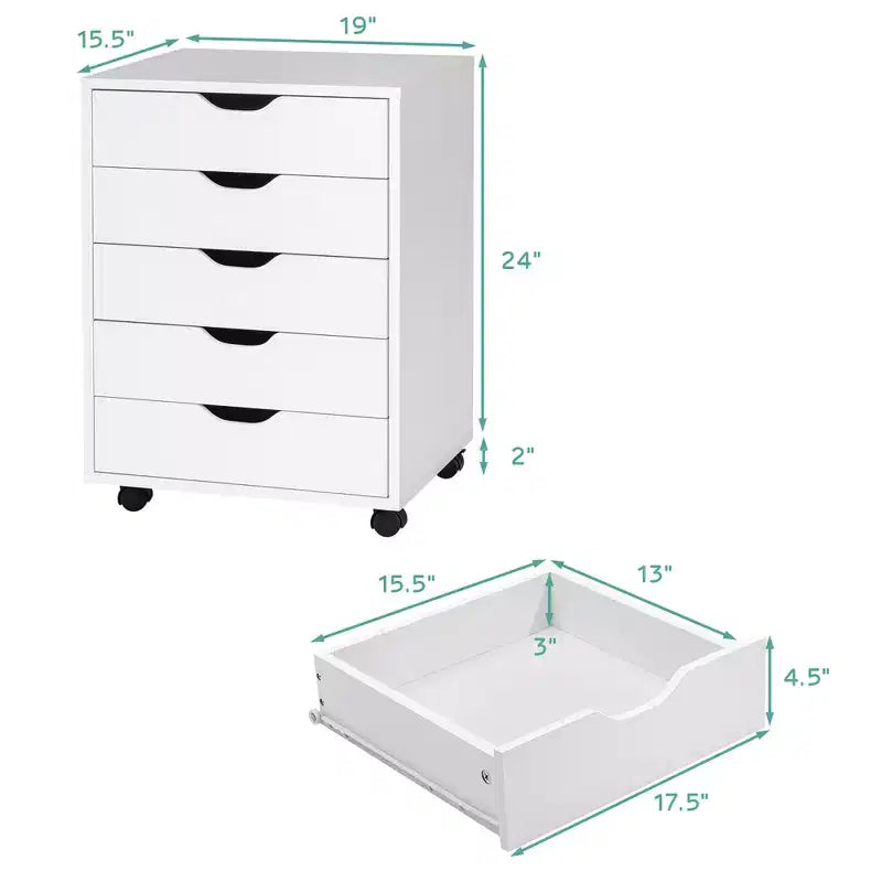 Costway Cassettiera a 5 Cassetti Mobiletto Contenitore con Ruote, Bianco