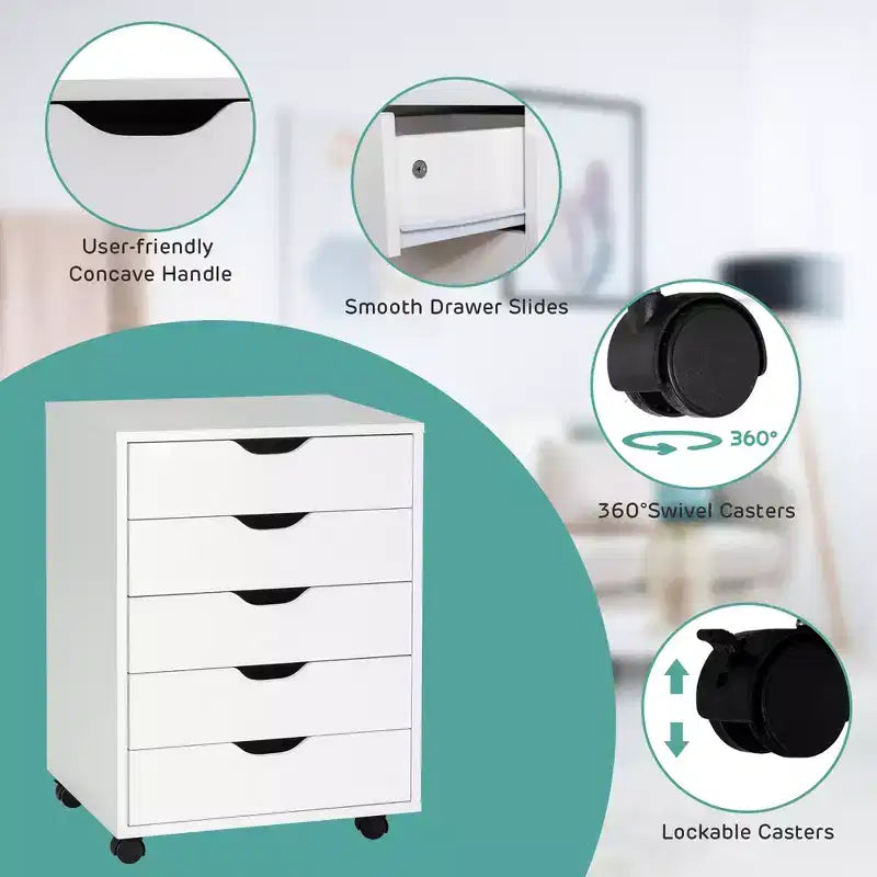 Costway Cassettiera a 5 Cassetti Mobiletto Contenitore con Ruote, Bianco