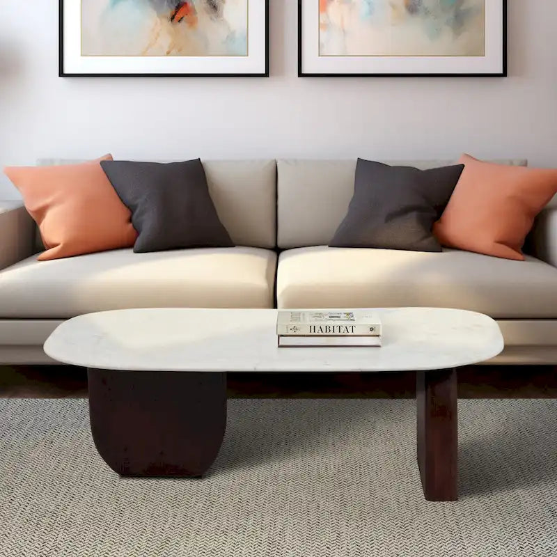 Sagebrook Home Modern Marble and Wood 16H Abstract Oval Coffee Table - 48 x 24 x 16