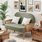 Loveseat Sofa Small Couch for Living Room, Faux Leather Mini Couch Love Seat with Natural Rattan Armrest and Solid Wooden Legs