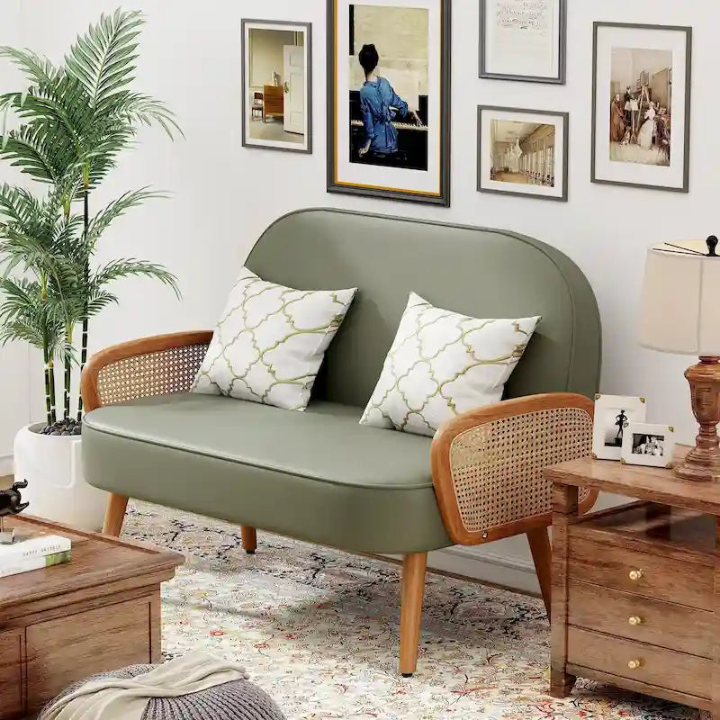 Loveseat Sofa Small Couch for Living Room, Faux Leather Mini Couch Love Seat with Natural Rattan Armrest and Solid Wooden Legs