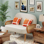 Loveseat Sofa Small Couch for Living Room, Faux Leather Mini Couch Love Seat with Natural Rattan Armrest and Solid Wooden Legs