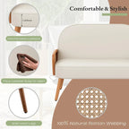 Loveseat Sofa Small Couch for Living Room, Faux Leather Mini Couch Love Seat with Natural Rattan Armrest and Solid Wooden Legs