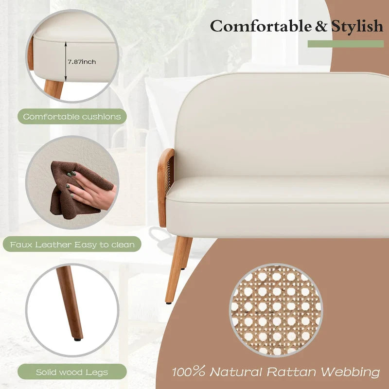 Loveseat Sofa Small Couch for Living Room, Faux Leather Mini Couch Love Seat with Natural Rattan Armrest and Solid Wooden Legs