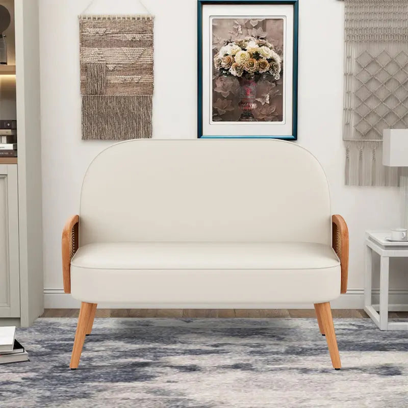 Loveseat Sofa Small Couch for Living Room, Faux Leather Mini Couch Love Seat with Natural Rattan Armrest and Solid Wooden Legs