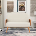 Loveseat Sofa Small Couch for Living Room, Faux Leather Mini Couch Love Seat with Natural Rattan Armrest and Solid Wooden Legs