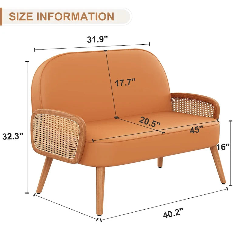 Loveseat Sofa Small Couch for Living Room, Faux Leather Mini Couch Love Seat with Natural Rattan Armrest and Solid Wooden Legs
