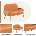 Loveseat Sofa Small Couch for Living Room, Faux Leather Mini Couch Love Seat with Natural Rattan Armrest and Solid Wooden Legs