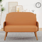 Loveseat Sofa Small Couch for Living Room, Faux Leather Mini Couch Love Seat with Natural Rattan Armrest and Solid Wooden Legs