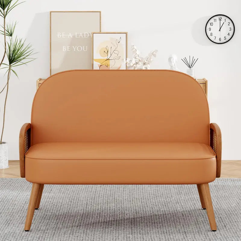 Loveseat Sofa Small Couch for Living Room, Faux Leather Mini Couch Love Seat with Natural Rattan Armrest and Solid Wooden Legs