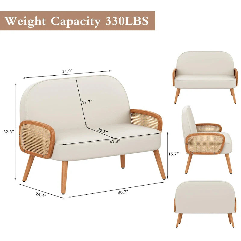 Loveseat Sofa Small Couch for Living Room, Faux Leather Mini Couch Love Seat with Natural Rattan Armrest and Solid Wooden Legs
