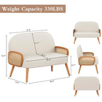Loveseat Sofa Small Couch for Living Room, Faux Leather Mini Couch Love Seat with Natural Rattan Armrest and Solid Wooden Legs