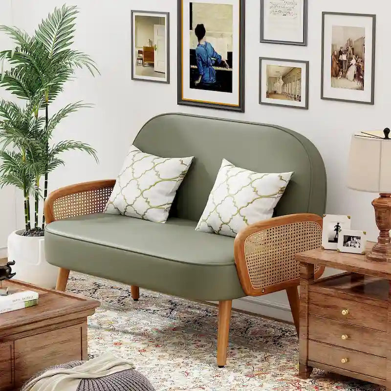 Loveseat Sofa Small Couch for Living Room, Faux Leather Mini Couch Love Seat with Natural Rattan Armrest and Solid Wooden Legs
