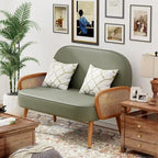 Loveseat Sofa Small Couch for Living Room, Faux Leather Mini Couch Love Seat with Natural Rattan Armrest and Solid Wooden Legs