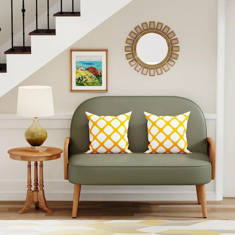 Loveseat Sofa Small Couch for Living Room, Faux Leather Mini Couch Love Seat with Natural Rattan Armrest and Solid Wooden Legs