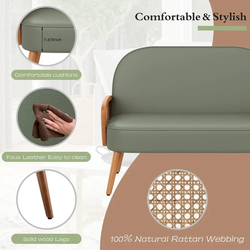 Loveseat Sofa Small Couch for Living Room, Faux Leather Mini Couch Love Seat with Natural Rattan Armrest and Solid Wooden Legs