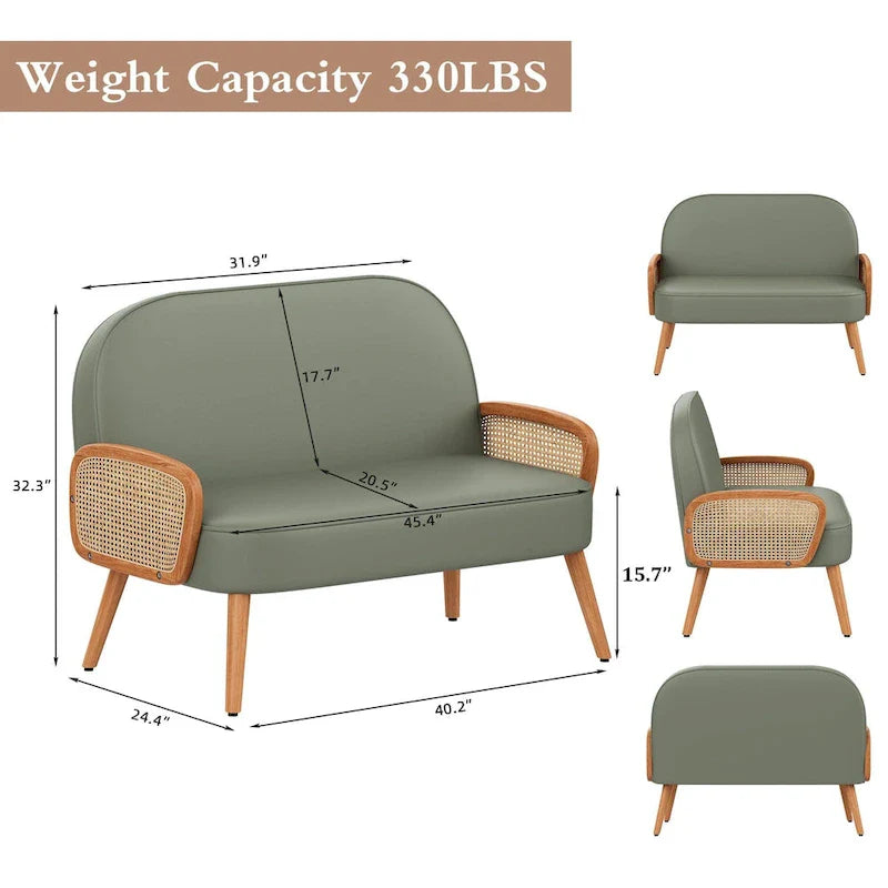 Loveseat Sofa Small Couch for Living Room, Faux Leather Mini Couch Love Seat with Natural Rattan Armrest and Solid Wooden Legs
