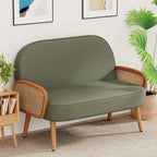 Loveseat Sofa Small Couch for Living Room, Faux Leather Mini Couch Love Seat with Natural Rattan Armrest and Solid Wooden Legs