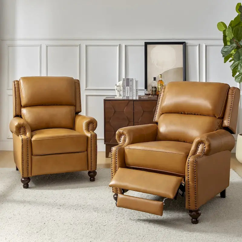 Gabriela Mid-Century Modern Genuine Leather Recliner Nail Head Trim Set of 2 by HULALA HOME