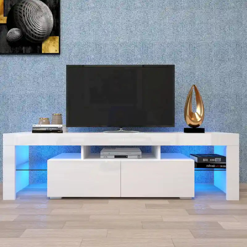 Nestfair White TV Stand with LED Lights for TVs up to 70 Inches