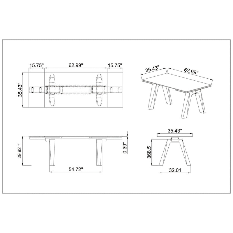 Somette Modern Dining Table with Extendable Glass Top & Solid Wood Legs