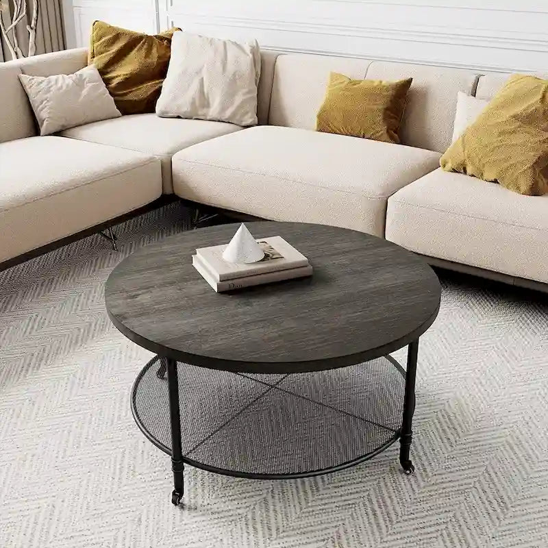Round Industrial Coffee Table with Casters