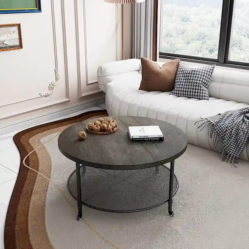 Round Industrial Coffee Table with Casters