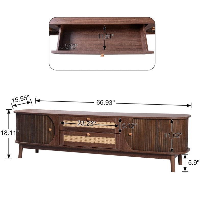 Rattan TV Stand for TVs up to 75Modern Farmhouse Media Console,Entertainment Center with Solid Wood Legs