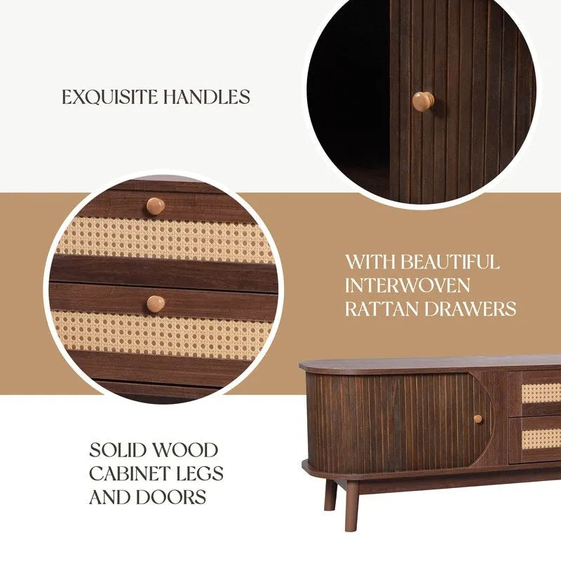 Rattan TV Stand for TVs up to 75Modern Farmhouse Media Console,Entertainment Center with Solid Wood Legs