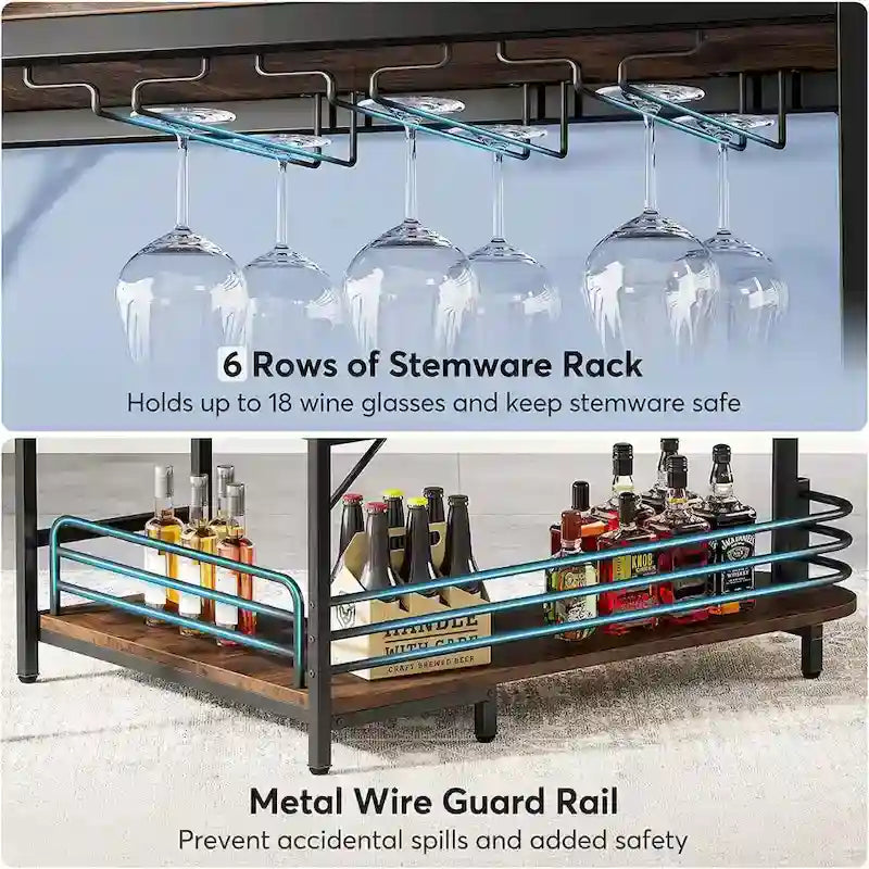 L-Shaped Home Bar Unit, 3 Tier Liquor Bar Table with Wine Glasses Holder, Corner Wine Bar Cabinet for Home Kitchen Pub