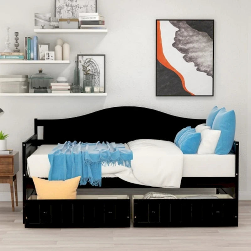 Twin Wooden Daybed with 2 drawers / Trundle Bed, Sofa Bed for Bedroom Living Room,No Box Spring Needed