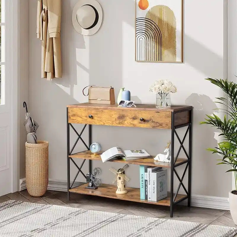 3 Tier Entryway Console Table with Drawer and 2 Open Storage