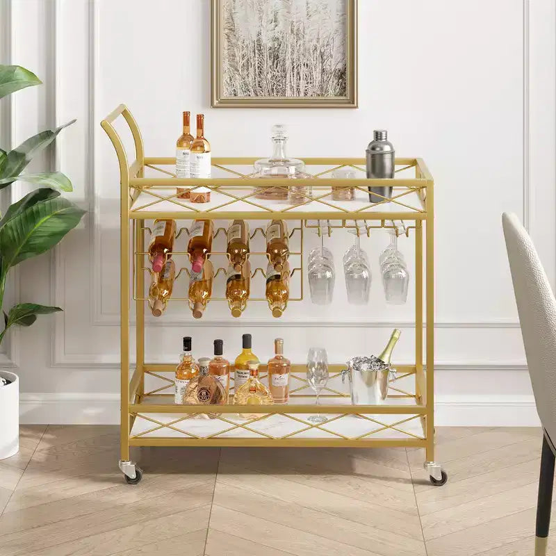 Gold Bar Carts with 2-Tiers Storage Shelves, Mobile Kitchen Seving Carts on Wheels with Wine Rack and Glass Holder for Kitchen, Living Room